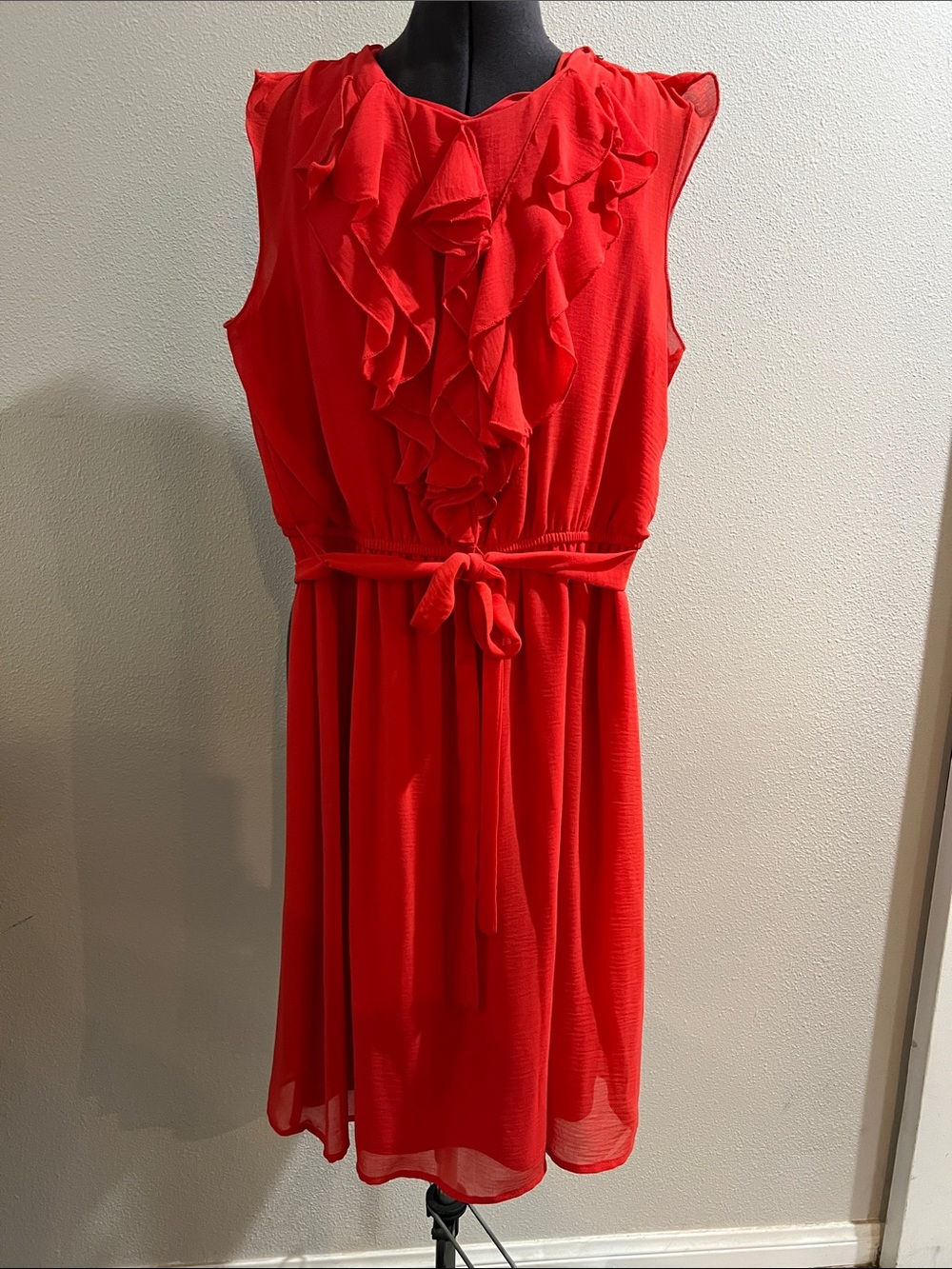 Emma & Michele Coral Ruffle Front Belted Dress